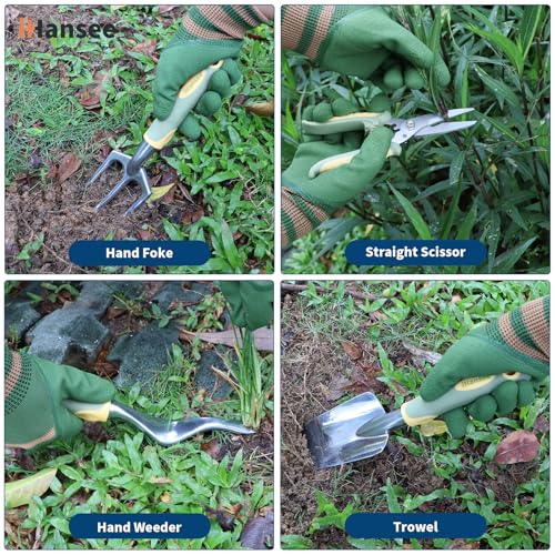 Set of 12 Garden Tool, iHansee Heavy-Duty Aluminum Gardening Hand Tools with Rubber Non-Slip Handle, Garden Apron, Gloves, Kneeling Pad and Storage Bag, Garden Hand Tools Starter Kit Landscaping Tools - style: Green