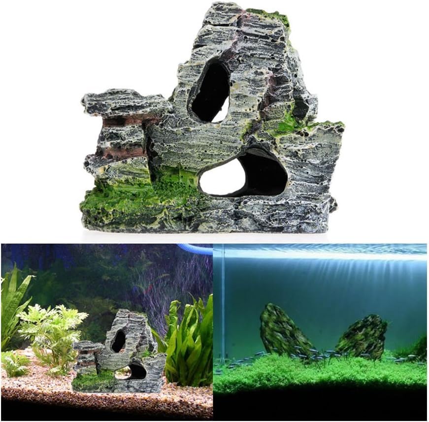 Artificial Moss Rock Aquarium Stone Cave – Resin Fish Tank Decor for Hiding and Landscaping, Small Mountain Terrain Ornament, Natural-Looking Habitat for Fish, Shrimp, and Reptiles, Desktop Decoration