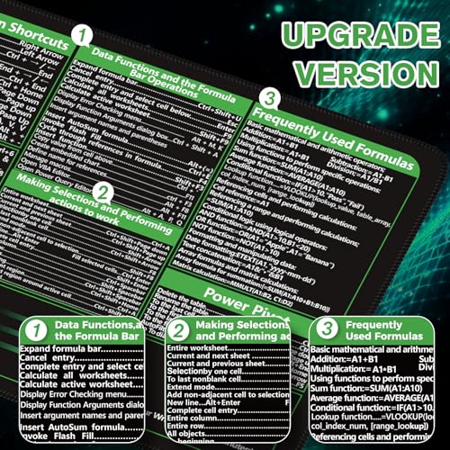 iCasso Excel Cheat Sheet Desk Pad, Excel Mouse Pad Shortcuts, Excell Short Cut Desk Mat, Extended Large XXL Non-Slip Exel Mousepad with Stitched Edges for Computer Keyboard - color: B-black Excel Shortcuts