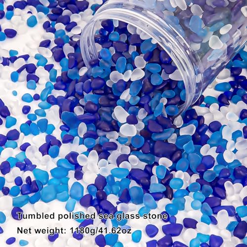 QEQEKAKA Sea Glass Stones for Crafts About 2.75LB (1180g/41.62oz Glass Pebbles Gemstones Bulk for Beaching Wedding DIY Decoration Aquarium Turtle Tank Vase Filler - color: White & Dark/Light Blue, size: 2.75LB (1185g/41.79oz)