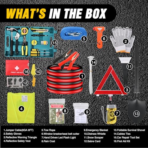 Nilight Car Emergency Kit with Jumper Cable, First Aid Kit Safety Assistance Tools for Travel Camping Outdoor Cars Truck SUV RV, Roadside Essentials with Flash Light - color: Essential Kit+Tool Set