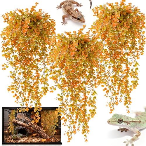 RAINFLOW 3 PCS Fake Hanging Ferns - Fake Eucalyptus Vines for Bearded Dragon Snake Geckos Hermit Crab Lizard Chameleon Reptile Decor(Orange) - color: Orange