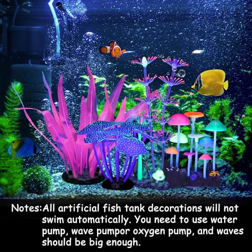 Lpraer 4 Pack Glow Aquarium Decorations Branch Coral Reef Mushroom Seaweed Simulation Glow Plant Glowing Effect Silicone for Fish Tank Decorations - color: 4 Pcs(branch Coral+coral+mushrooms+seaweed)