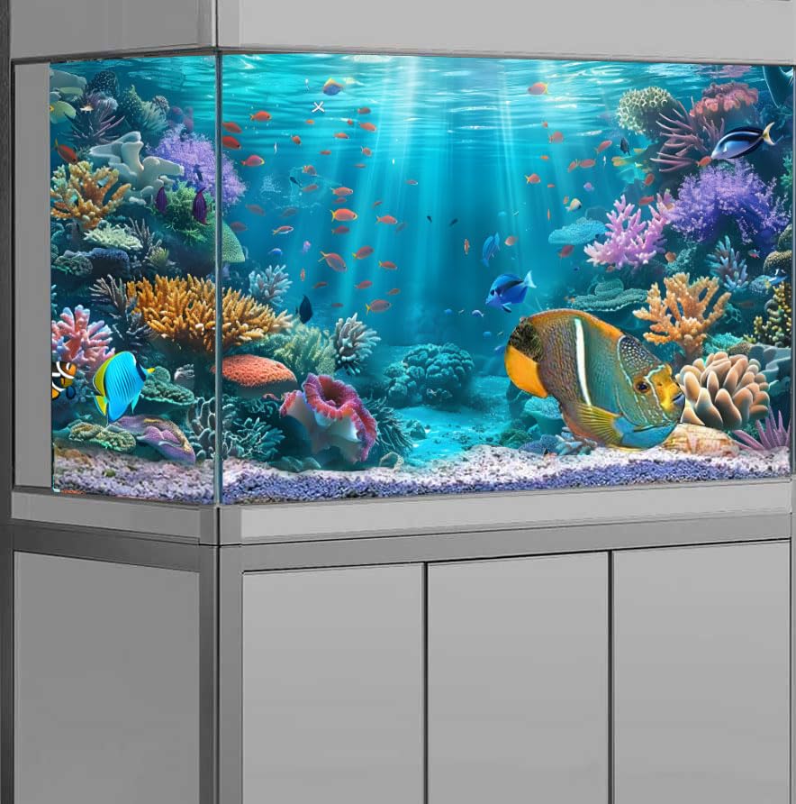 Underwater Aquarium Background, Ocean Floor Coral Reef Undersea Tropical Fish Coral Reef, Polyester Fish Tank Background with 6 EVA Double-Sided Tapes 48x24 inches/120x60 - color: Bule, size: 48"L x 24"W