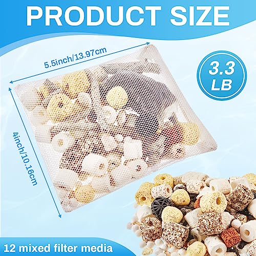 3 Bags Aquarium Filter Media Bio Balls Ceramic Rings Set 1500 g Total 3.3 lb 12 in 1 with Mesh Bag Ceramic Rings for Aquarium Filter Pond and Fish Tank Accessories Decorations