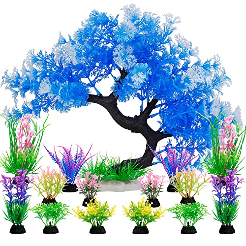MyLifeUNIT Fish Tank Decorations, 15 Pack Artificial Aquarium Plants Tree Set for Fish Tank Decor (Bule Set) - color: Bule Set