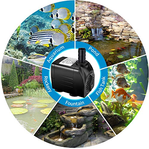 Jhua Water Fountain Pump 300GPH (1100L/H, 21W) Submersible Water Pump, Ultra Quiet Fountain Pumps Submersible Outdoor with 5.9ft Power Cord, 3 Nozzles for Aquarium, Tank, Pond, Statuary, Hydroponics