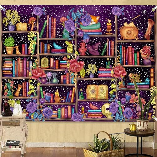 Medieval Bookshelf Backdrop 6x4 FT Bookcase Photography Background Bookshelf Library Backdrops Wall Hanging Dark Academia Photography Background Photo Studio Props - color: Purple, size: 6x4 FT