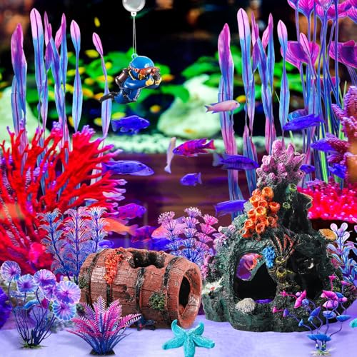 15 Pcs Fish Tank Decorations Mountain Ornament Broken Barrel Sunken Ship Artificial Seaweed Water Plants Colorful Coral Reef for Fish Bowl Aquarium Decor(Purple) - color: Purple