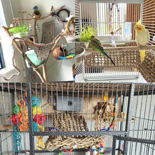 2Pcs Bird Seagrass Mat 20.5×8'' Natural Grass Woven Net Hammock Hanging on Cage Parakeet Climbing Rope Ladder Chew Toys for Lovebird Cockatiel Conure Budgie Cockatoo - size: 2Pcs 20.5×8''
