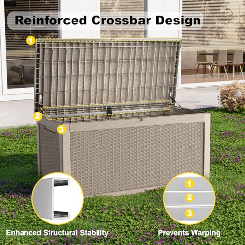 ROJIK Outdoor Storage Housing Deck Box,Waterproof Patio Furniture, Garden Tools, Cushions, Pool Accessories Storage Bench with Lockable Lid and Side Handles (Grey,320 Gallon) - color: Grey, size: 320 Gallon