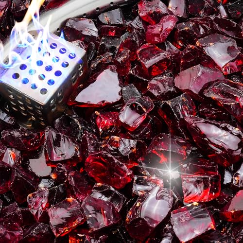 NUPICK 10 Pound Fire Glass, 1/2 Inch Shiny Fire Pit Glass, Tempered Firepit Glass Rock for Propane or Natural Gas, Glass Rocks for Fire Pit Table, Fireplace Glass for Landscaping, Red - color: Red, size: 10 Pound (1/2")