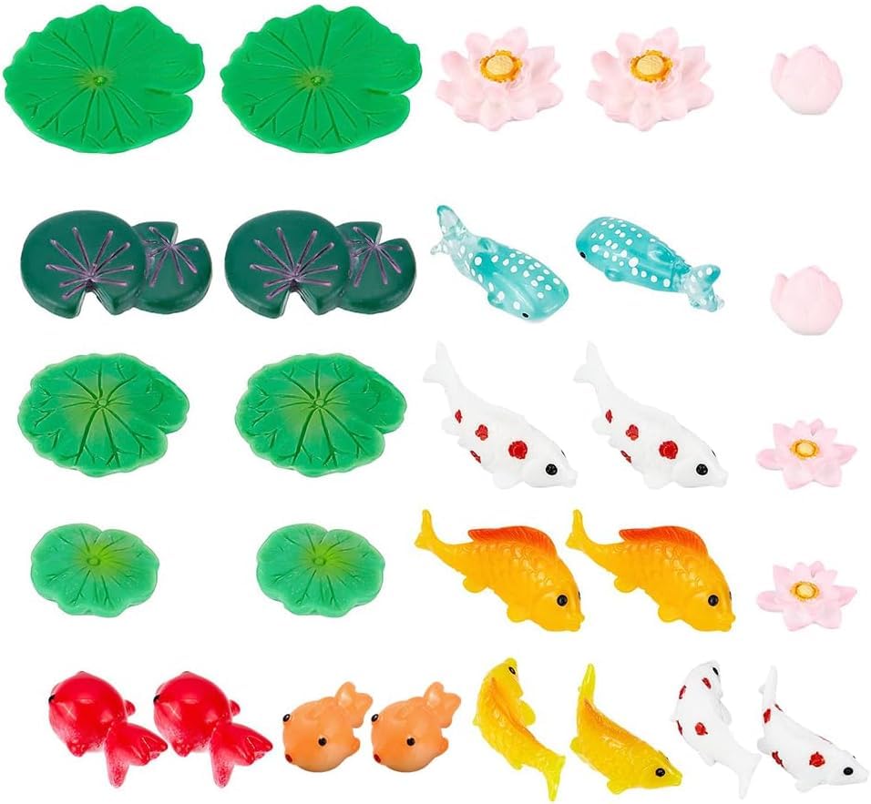 28Pcs 14 Style Miniature Resin Water Lily Pads Aquarium Fish Tank Decoration Leaf-Realistic Artificial Floating Lotus Flowers for Terrariums Fairy Garden Pool Patio Pond Wedding Decor
