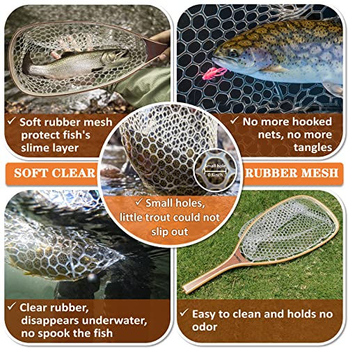 Fly Fishing Net Trout Net with Magnetic Release and Rod Holder Wooden Frame Landing Net with Soft Rubber Mesh for Catch and Release (Clear Small Holes)