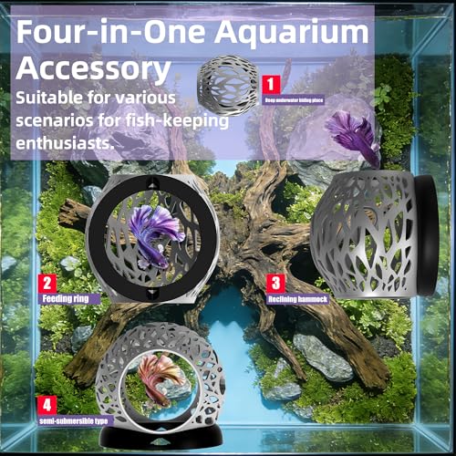 Floating Betta Hideout Cave & Shrimp Cave | Aquarium Floating Betta Skin | Shrimp Feeder | Multi-Function Resting Hideout Hammock & Small Fish Feeding Ring | Aquarium Decor Accessory(Grey) - color: Grey