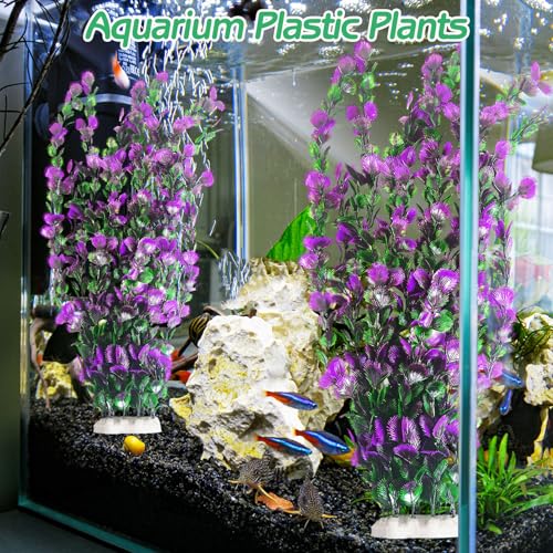 Hamiledyi Purple Green Serrated Leaf Tall Aquarium Plastic Plants Artificial Fish Tank Plant Aquarium Decor Extra Large Lifelike Aquatic Plant Suitable for Saltwater and Freshwater 21.6-inch Tall 2Pcs - color: B*2 Pcs, size: 21.6 in