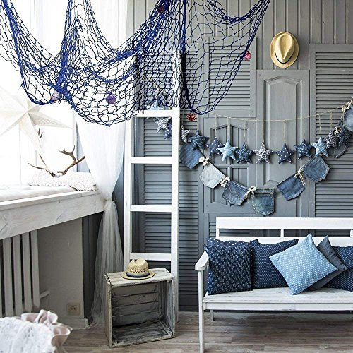 Nature Fish Net Wall Decoration with Shells, Ocean Themed Wall Hangings Fishing Net Party Decor for Pirate Party,Wedding,Photographing Decoration (Fishnet-2pack-Beige & Blue) - color: Blue & Beige