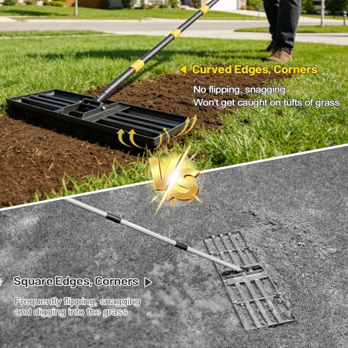 Lawn Leveling Rake,30x10 Inch Ground Plate,72 Inch Adjustable Long Handle Yard Level Tool with Curved Edge,Heavy Duty Large Landscaping Lawn Leveler for Grass, Golf Field, Soil Sand Dirt Spreader - size: 30"x10", 72"