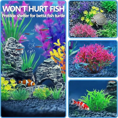 Pink-Cherry-Blossom-Tree-Aquarium-Decor: 10Pcs Artificial Plastic Plants Fish Tank Decorations Grass Set for Betta Goldfish Hides Accessories Gallon Fish Bowl Ornaments