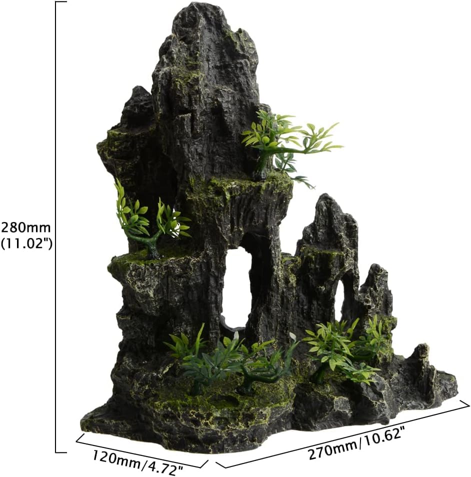 Aquarium Decorations Large Mountain View Stone Rock Cave Resin Betta Shrimp Hideout Ornaments with Small Plants Fish Tank Decorations