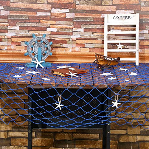 21 Pieces Starfish Ornament Sets Starfish Decor Fish Net Sea Wall Decor Fishnet Nautical Decoration for Crafts Beach Wedding Mermaid Party Under The Sea Party Decorations(Blue) - color: Blue