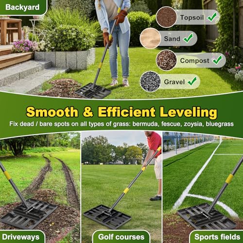Lawn Leveling Rake: Anti Flipping 17" x 10" Stainless Steel Lawn Ground Leveler for Soil, Heavy Duty Grass Top Soil Dressing Leveling Rake, Home Lawn,Golf Field,Yard Landscaping Tool, 60” Long Handle