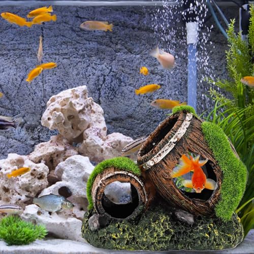 NQEUEPN Fish Tank Broken Barrel Decoration, Dual-Barrel Resin Aquarium Decor, Betta Fish Hideout, Brown Rustic Cave