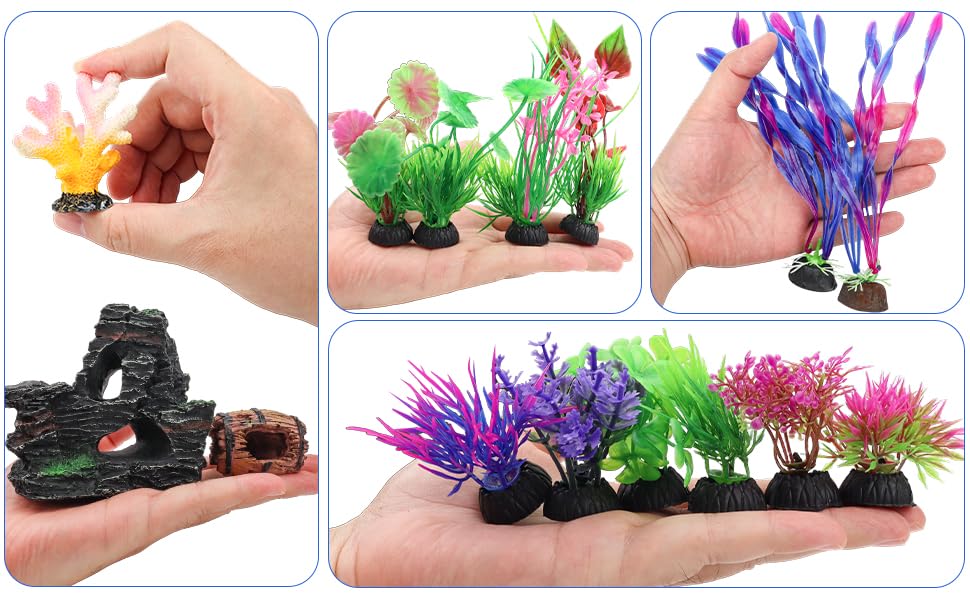 QUOZUO 15 Pcs Aquarium Artificial Plastic Plants Decorations and Resin Barrel and Coral Rock Cave Set, Fish Tank Accessories Hideout Ornaments Aquarium Decor Set