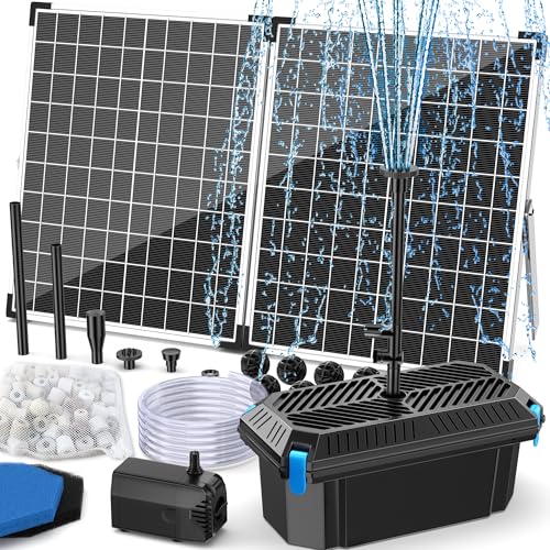 40W Solar Pond Pump with Filter Kit, Foldable Solar Panel & 3-Stage Filtration System, 4 Nozzles Pond Filter for Outdoor Ponds, Garden Waterfalls, Koi Ponds & DIY Water Features - style: 40W-Solar Powered