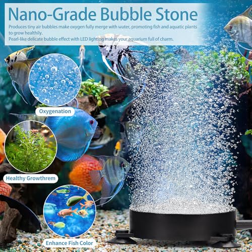 Aquarium LED Air Bubble Stone Disk 2 Inch with 6 Dazzle Color LEDs Fish Tank Oxygen Bubble LED Light Color Auto Changing with 3.5ft Air Tubing