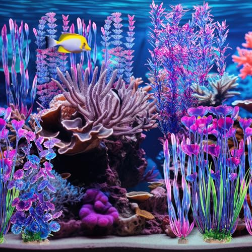 10 Pcs Large Christmas Aquarium Artificial Plants Decorations, Tall Plastic Fish Tank Plant Decorations for Household and Office Aquarium Christmas Decor(Purple)