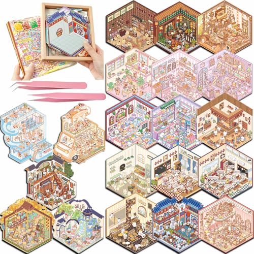 3D Sticker Scene Book for Adults, 20pcs DIY House Stickers Therapy Stress Relief DIY Craft with 2 Tweezers, Creative Funny Gift for Christmas - color: B1-box-20sets