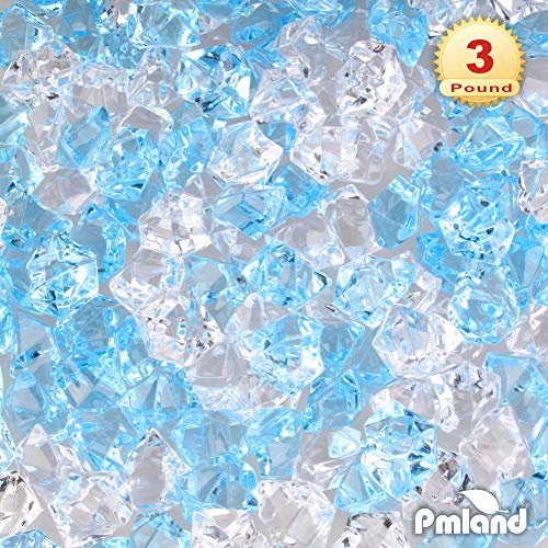 PMLAND Clear Fake Ice Rocks – 550 Pcs Large Mixed Light Blue Acrylic Gems Crushed Plastic Diamonds, 3 Lbs / 2.25 Quarts Bulk Vase Filler for Centerpieces Wedding Theme Décor Aquarium Table Scatter - color: Light Blue/Clear Blend