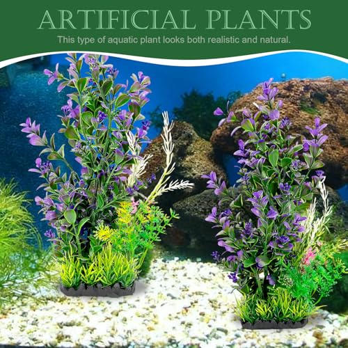 Aquarium Plants 2-Pack, 11.8in Artificial Plastic Fish Tank Decor, Moderate Size Aquarium Decorations, Safe Green Fish Tank Plants for Freshwater Tanks (Purple & Green Mix)