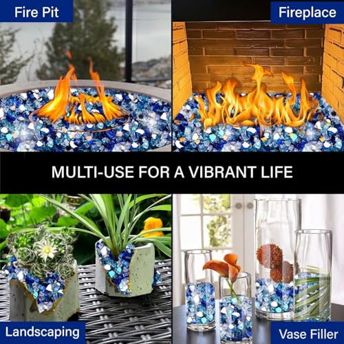 NUPICK 20 Pound Fire Glass for Fire Pit, 1/2 Inch Tempered Mixed Fire Glass in Bahama Blend for Propane Fire Pit & Gas Fireplace, Blue and White Fire Glass Rock - color: Mixed Blue&white, size: 20 Pound (1/2")