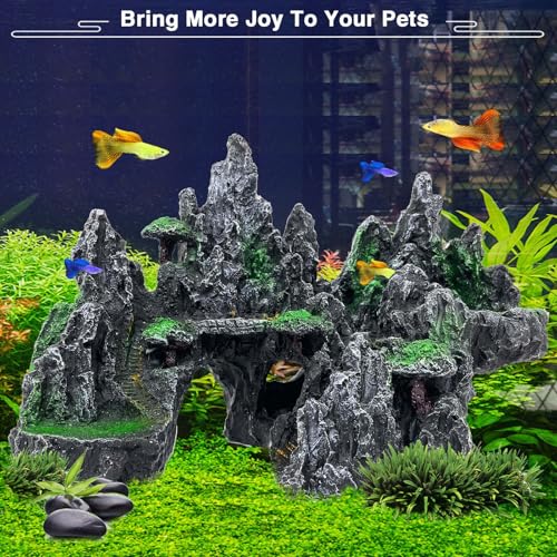 Fish Tank Mountain Decoration,Aquarium Accessories - Aquarium Decor for Betta N Goldfish Hideouts Cave Hide Ornament for 10-50 Gal,Aquarium Mountain Landscape shelter for Hide N Play(10.4" L)
