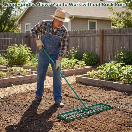 Goplus Lawn Leveling Rake, 36" x 10" Heavy Duty Level Lawn Tool w/ Ergonomic Handle for Soil, Effort-Saving Landscape Rake for Garden, Backyard, Golf Course, Farm, Pasture - style: 36" x 10", Green