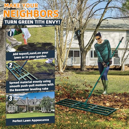 Lawn Leveling Rake Heavy Duty Stainless Steel Lawn Leveler Tool 45”x10” with 78” Adjustable Long Handle Yard Level Rake for Soil, Ground,Backyard Dressing,Golf Field,Garden Tools Grass Seed - style: 45"x10" Large