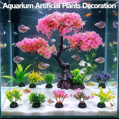 Pink-Cherry-Blossom-Tree-Aquarium-Decor: 10Pcs Artificial Plastic Plants Fish Tank Decorations Grass Set for Betta Goldfish Hides Accessories Gallon Fish Bowl Ornaments