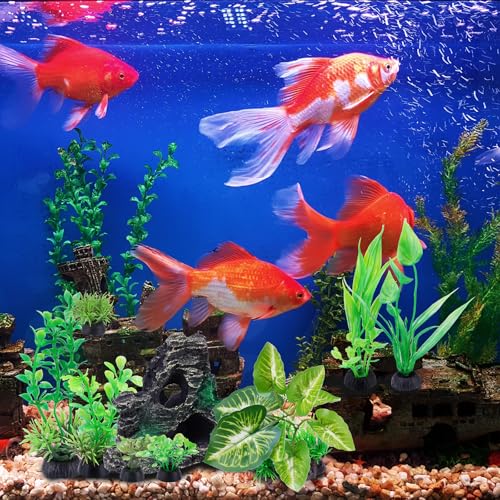 NiHome 9PCS Realistic Aquarium Artificial Plant Decoration Set, Weighted Base Driftwood, Rock Mountain & Aquatic Plants, Non-Fading Aquascape Greenery Ornaments for Freshwater or Saltwater Fish Tanks