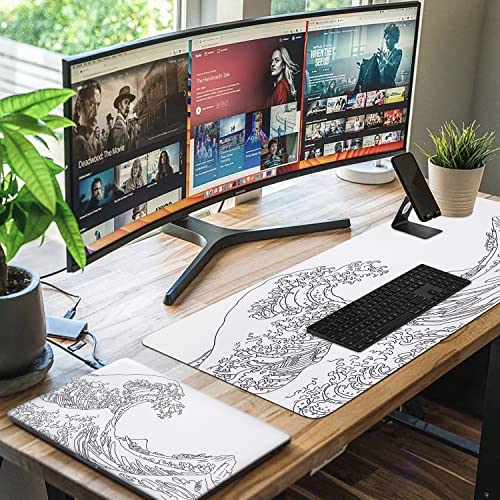 iCasso White Mouse Pad, Extended Gaming Mouse Pad (35.4x15.7 in), Large Stable Rubber Base Mousepad with Stitched Edges, Keyboard Mouse Mat Desk Pad for Work, Game, Office, Home - color: White Wave of Kanagawa