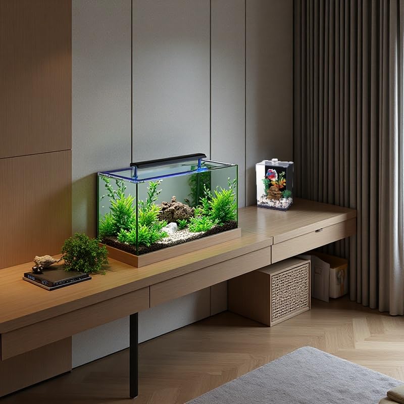 Betta Fish Tank with LED Light, 15x10x20 cm, Acrylic Aquarium with Cover and Black Wall Paper