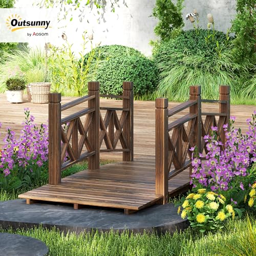 Outsunny 5 ft. Wooden Garden Bridge with Safety Rails, Backyard Bridge Footbridge for Ponds, Creeks, Streams, Carbonized - color: Carbonized