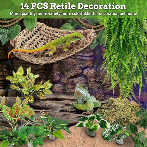 PINVNBY 14 PCS Reptile Plants Sets, Bearded Dragon Hammock, Terrarium Hanging Plant Vines Artificial Leaves, Reptile Habitat Climbing Decorations for Chameleons, Lizards, Geckos, Snakes - color: 14 PCS