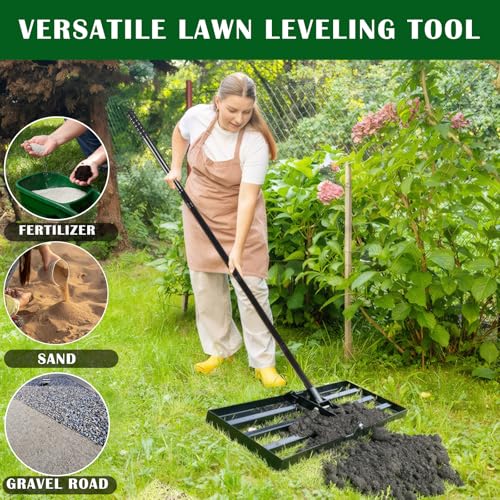 Lawn Leveling Rake, Steel Lawn Leveler with 30"x10" Ground Plate, 78" Adjustable Long Handle, Level Yard Tool for Grass, Golf Field, Level Soil or Dirt Ground, Black
