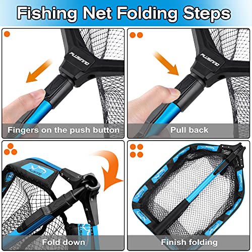 PLUSINNO Floating Fishing Net for Steelhead, Salmon, Fly, Kayak, Catfish, Bass, Trout Fishing, Rubber Coated Foldable Landing Net with Fixed or Telescoping Pole Handle, Fishing Gear and Gifts for Men - color: 11.8"/30cm Hoop Size 0.8M Blue Pole (Fixed Pol