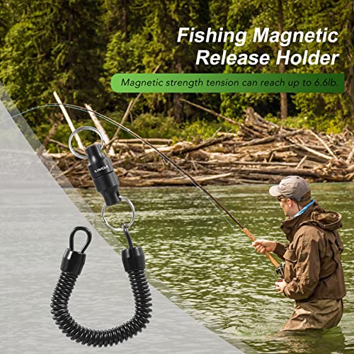 Lixada Magnetic Net Release Holder Fly Fishing Net Retractor Fishing Net Keeper Magnet Clip Landing Net Connector for Fishing Hooks, Lures, Flies, Trout Line - color: Black, style: Connector With Coiled Lanyard