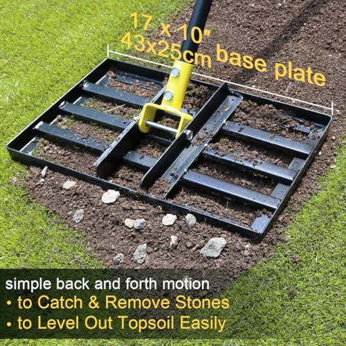 Colwelt Lawn Leveling Rake17 x10, Lawn Leveler Rake with Great Leveling Accuracy, Leveling Rake for Soil with 77’’ Adjustable Curved End Grip Handle, Lawn Leveling Tool Yard Leveler for Leveling Soil