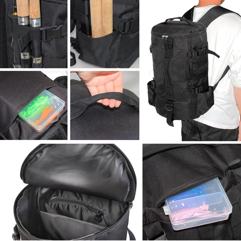 Lightweight Fishing Tackle Backpack Professional Water-Resistant All-in-One Rod Holder & Gear Storage - color: B-black