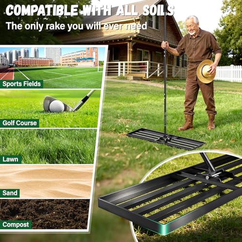 Lawn Leveling Rake 36X12 inch,Lawn Leveler with 78" Long Handle,Heavy Duty Ground Leveler for Yard,Sand,Dirt,Golf and Farm,Effort Saving Lawn Leveling Tool,Landscape Leveling Rake - size: 36x12in